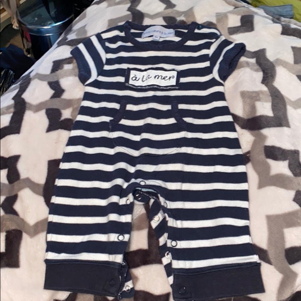 Petits Coeurs a la mer Navy white nautical onesie